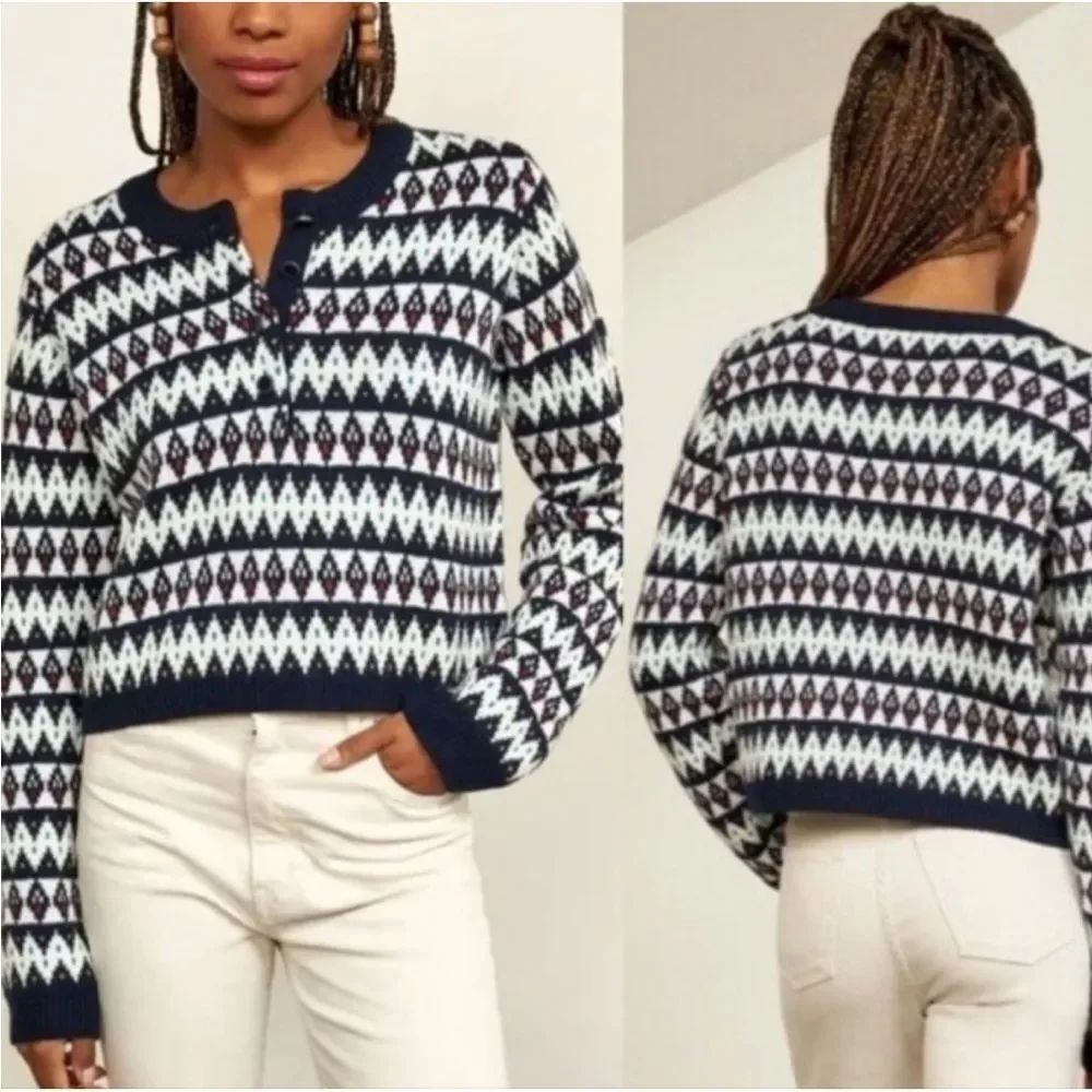 La Ligne Navy Wool Fair Isle Henley SweaterA